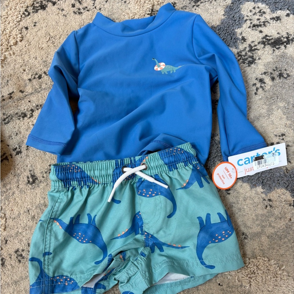 Carter's Bright Blue Long-Sleeve Rash Guard with Teal Dino Swim Shorts